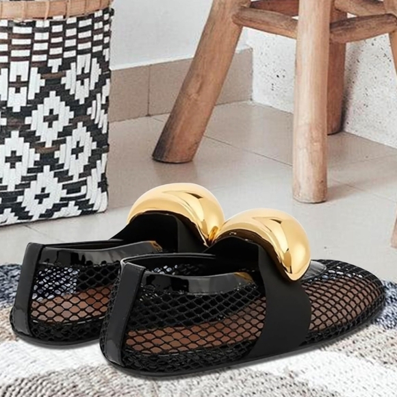 Mesh Ballet Flats Black Ballerina Shoes with Gold Buckle strap - Picture 5 of 9